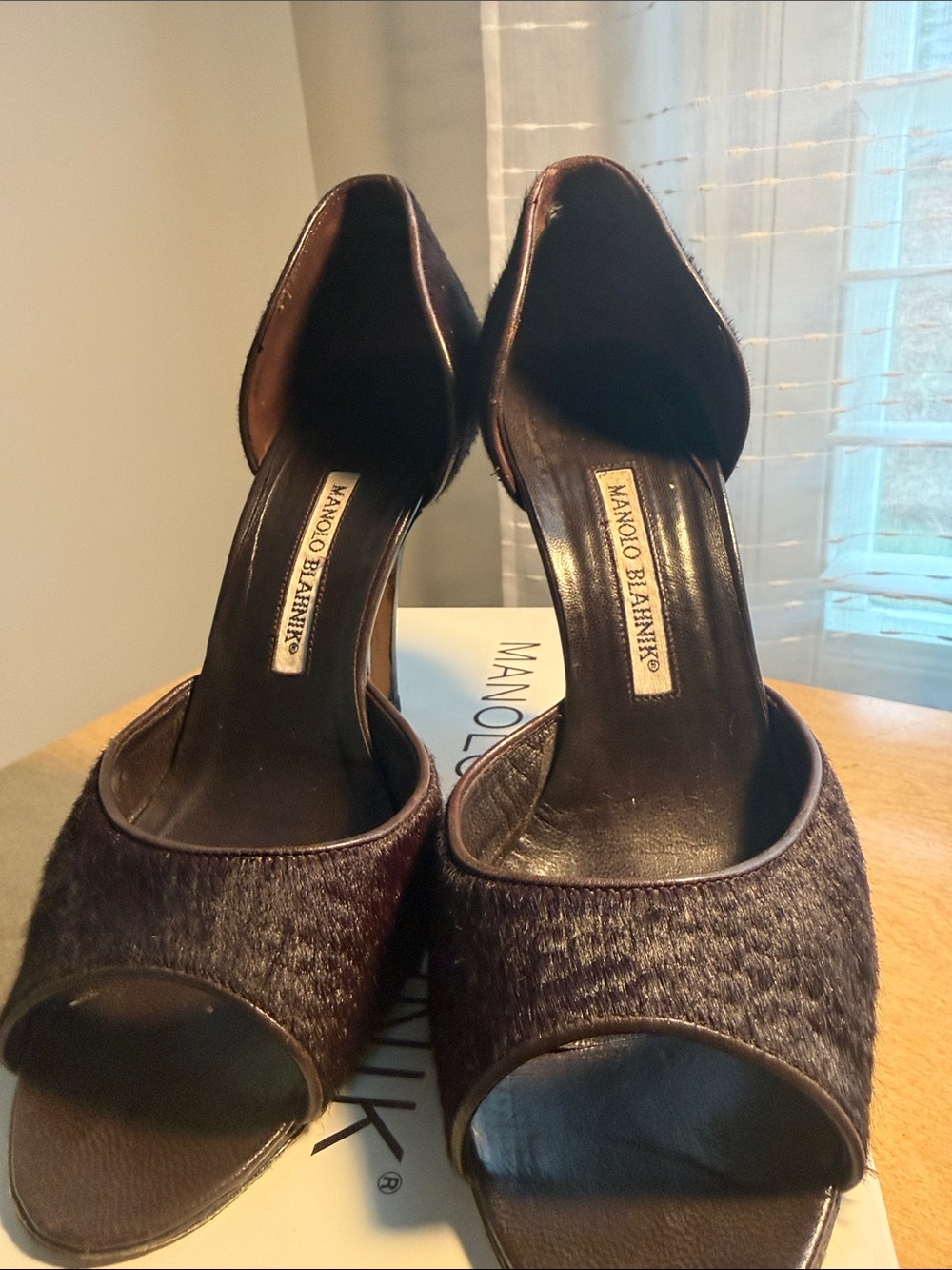 Manolo Blahnik Dark Brown Textured Open-Toe D'Orsay Heels